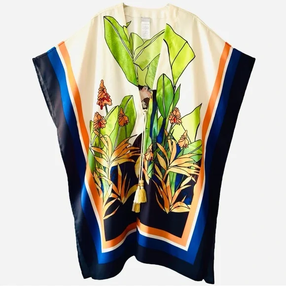 Chicos Crowned Crane Kimono Size L/XL  Buttercream Tropical Coverup Beach Resort - Picture 5 of 8